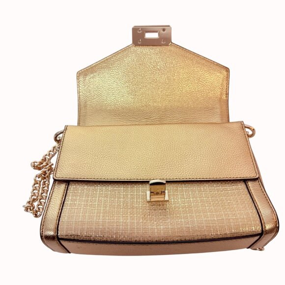 Michael Kors Kinsley Gold Textured Shoulder Crossbody Bag Chain Strap Push Lock - Picture 3 of 16